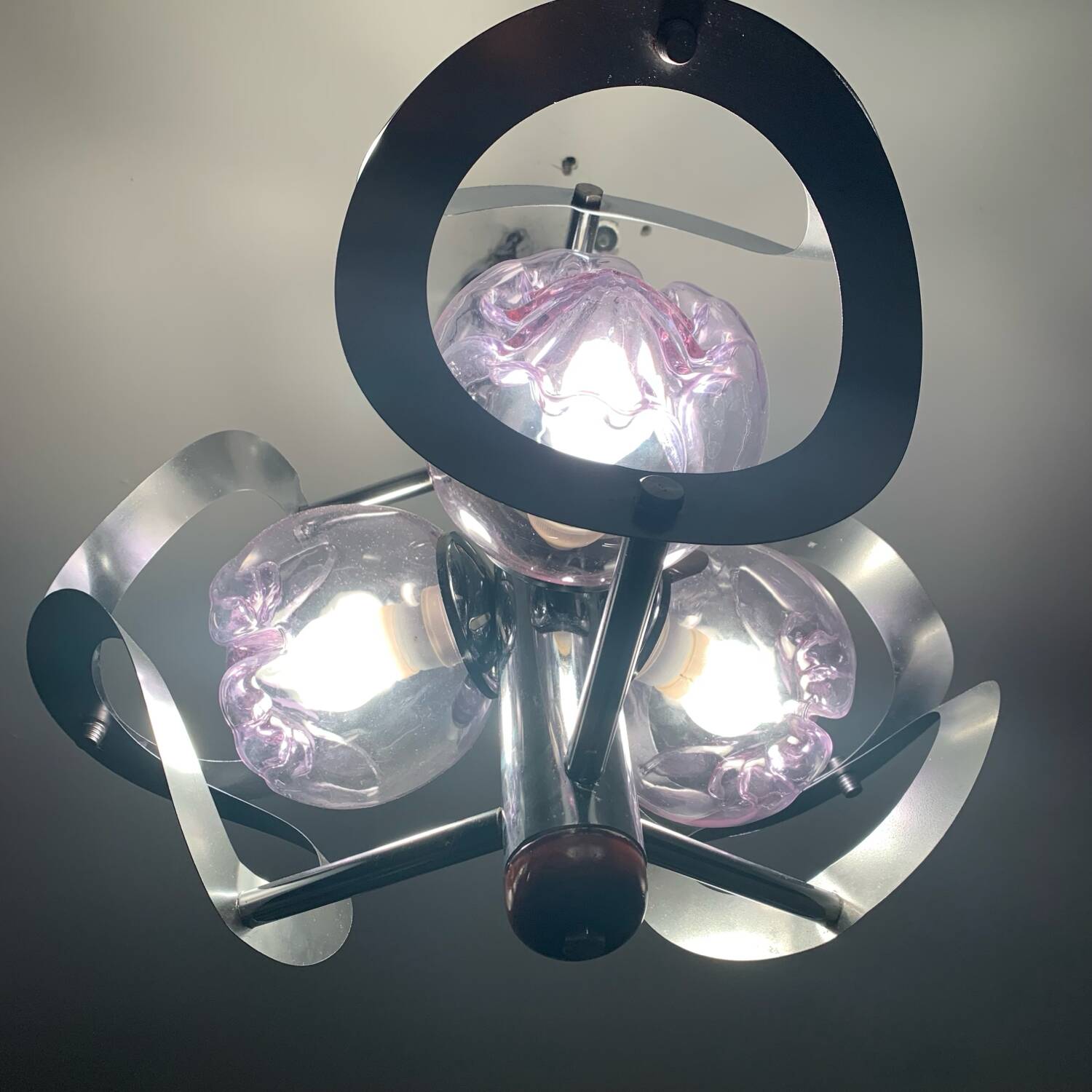 Mazzega Chandelier 3 Lights Globes Murano Mauves Space Age 70's Chrome