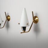 Pair of 1950s Italian Brass Sconces with Conical Opaline Glass Shades