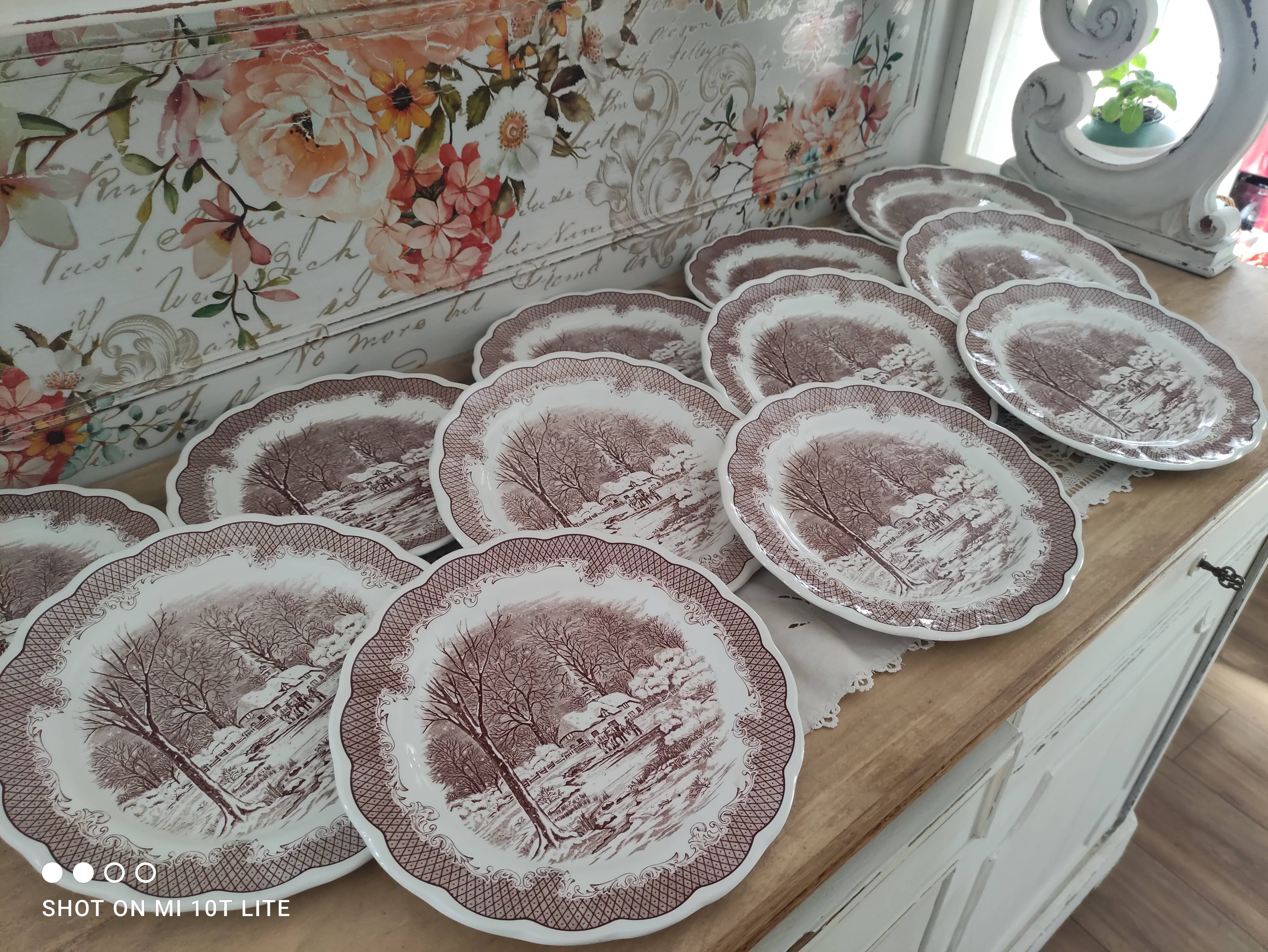 Set of 12 Swiss Landscape HE dinner plates with brown winter decor