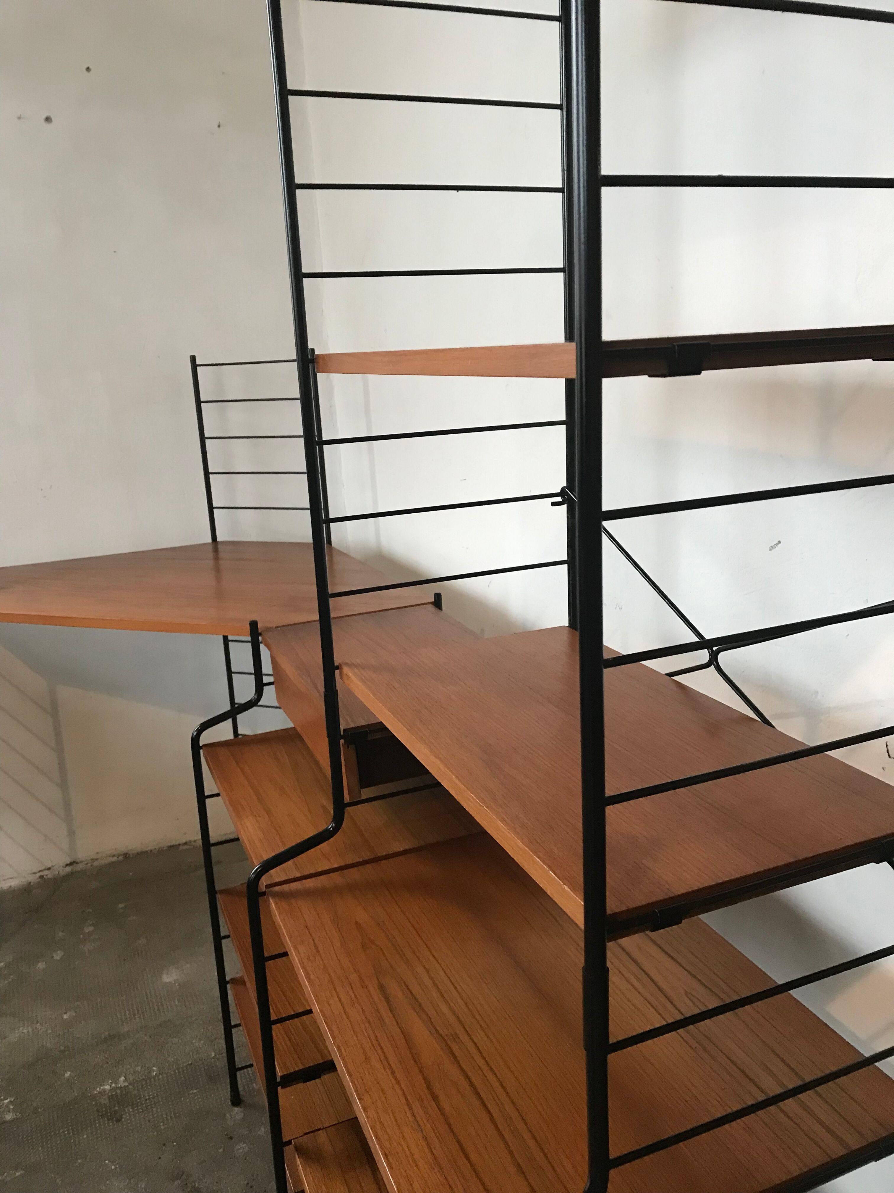 Modular vintage string wall shelf system with 1960-1980's desk
