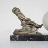 Lamp, Art Deco sled base night light in spelter on marble base
