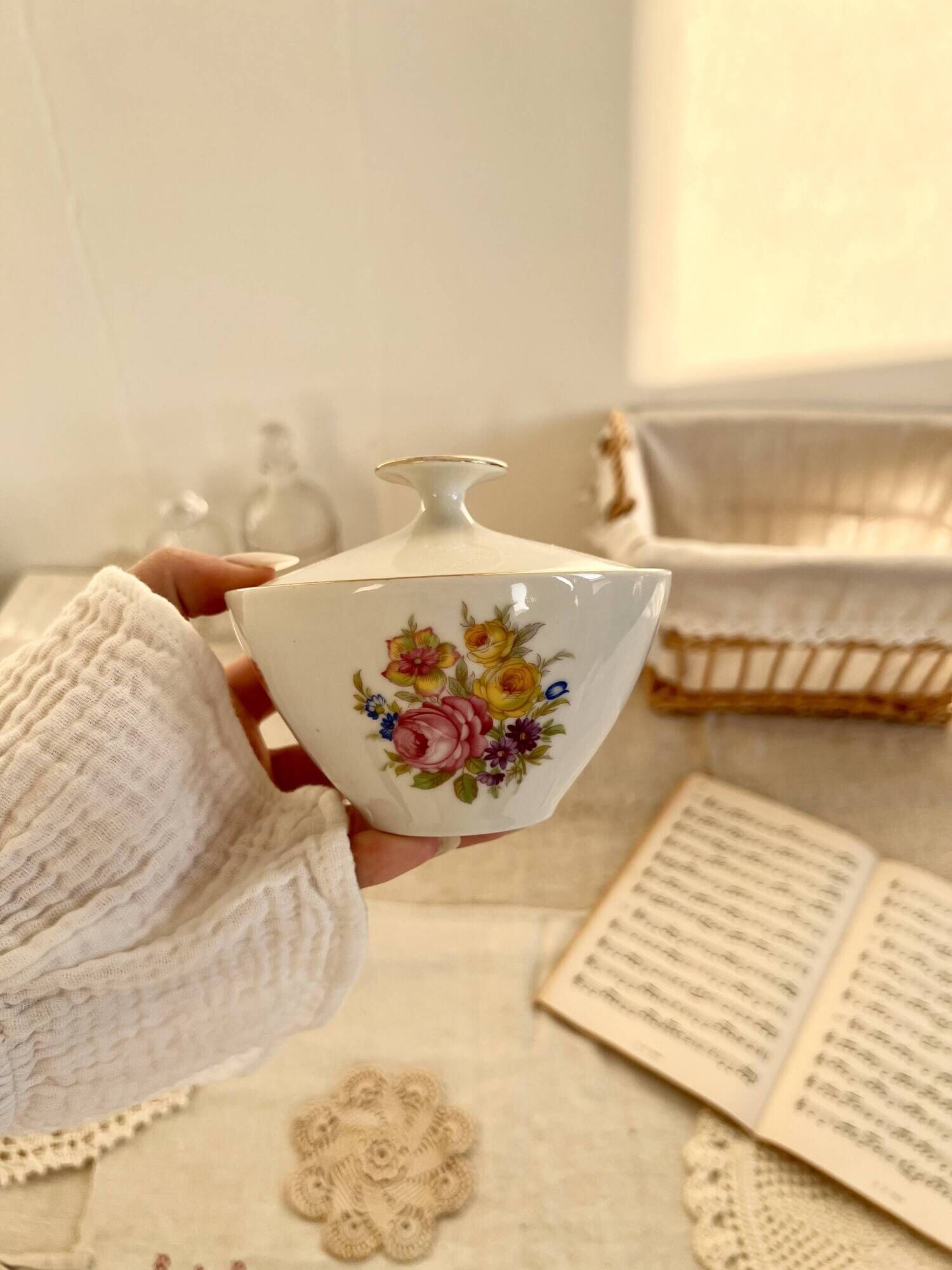 Vintage white porcelain sugar bowl and cottage core floral pattern