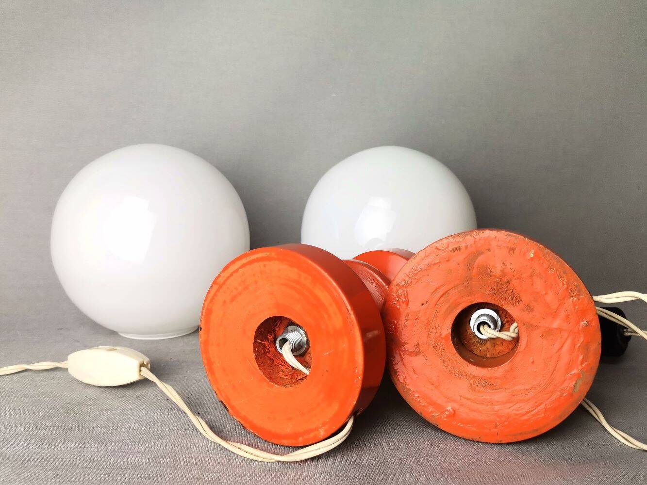 Pair orange painted wood opaline glass tabel lamps