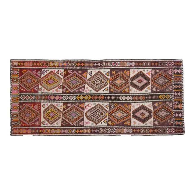 1970s Vintage Turkish Oushak Handmade Wool Cotton Brown Runner Rug 135x300