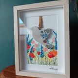 Floral watercolor composition and handmade clay bird