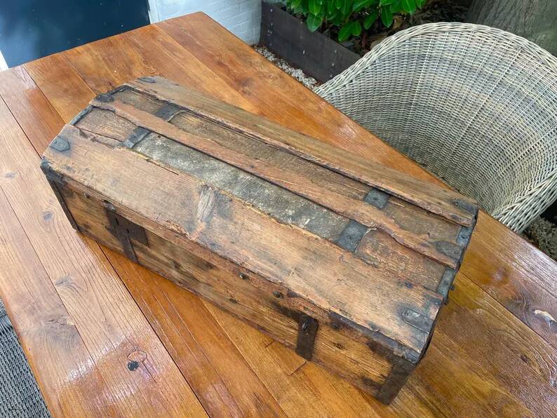 Antique French Wood Iron and Hide Handmade Wood Chest or Trunk