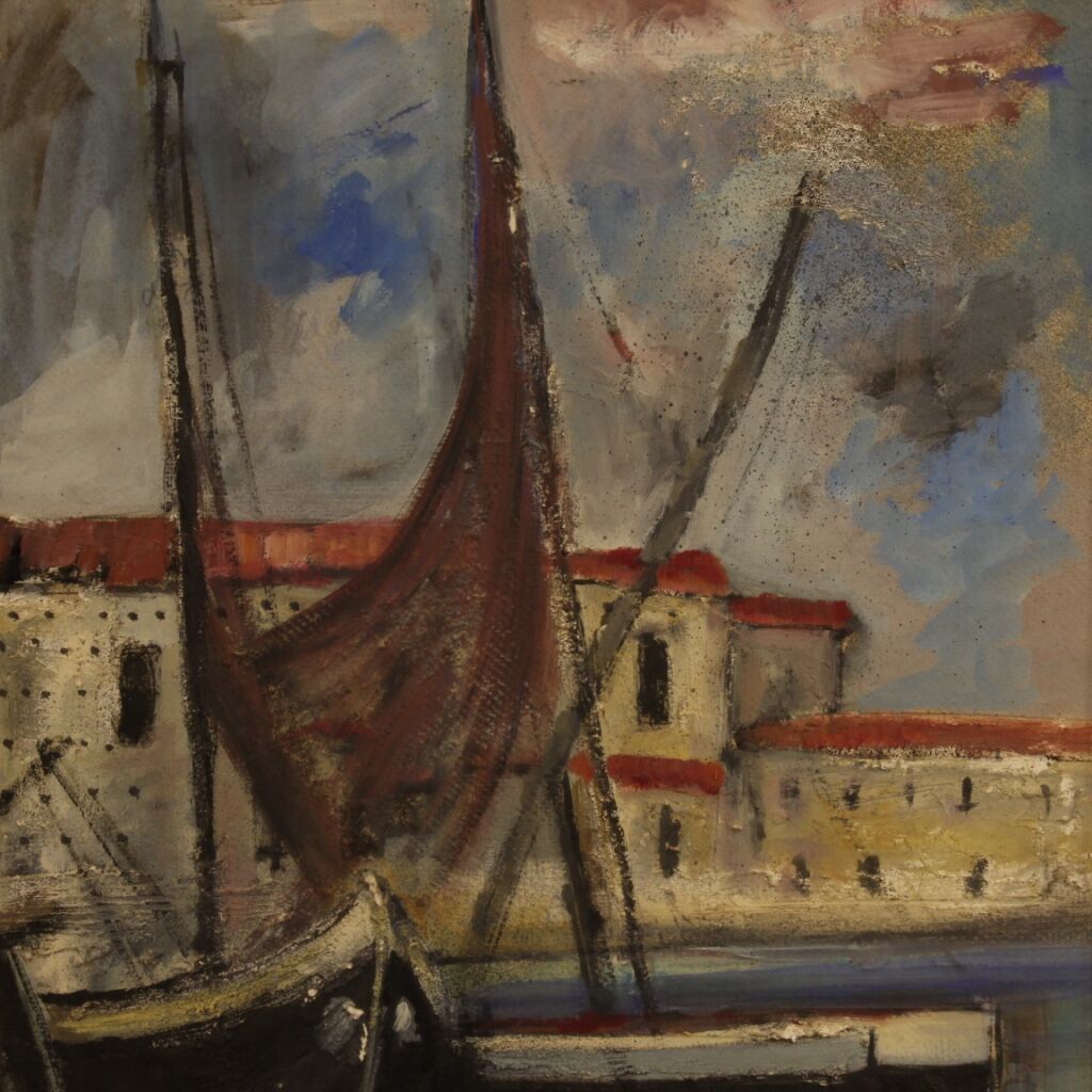 Italian painting signed harbor view with boats from 20th century