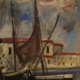 Peinture italienne signée vue sur le port avec des bateaux du 20ème siècle