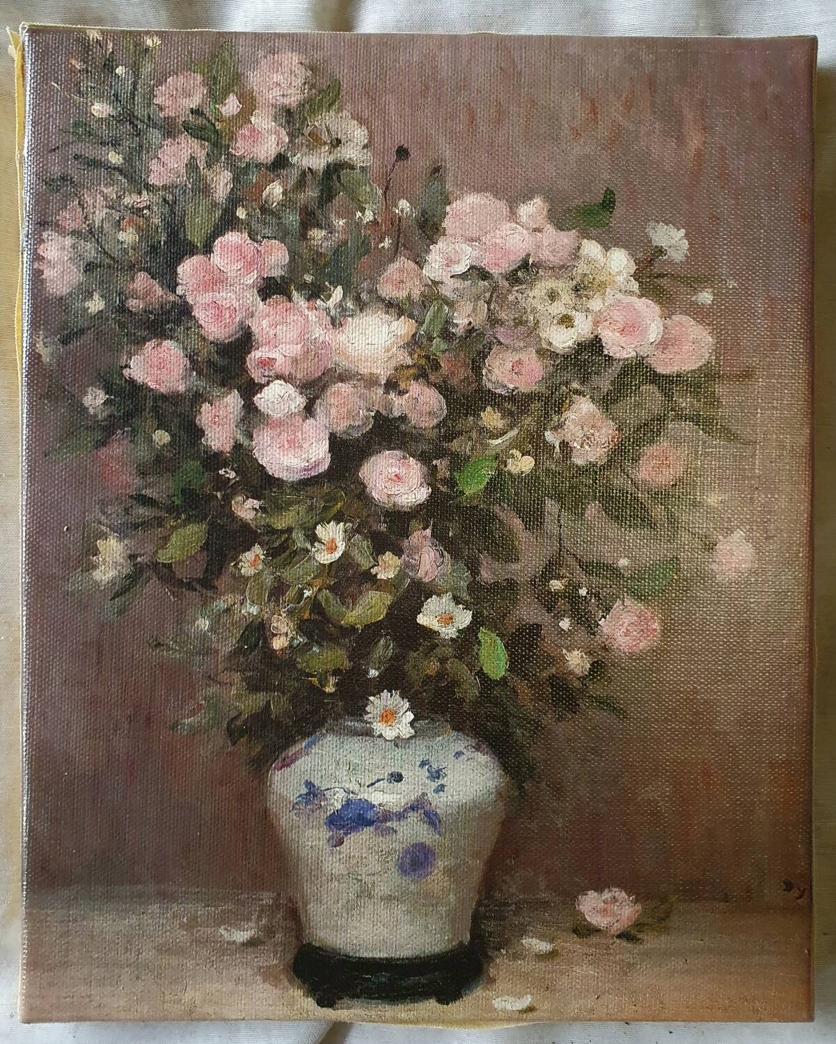 Still life painting of the bouquet in a Japanese vase signed Dyf