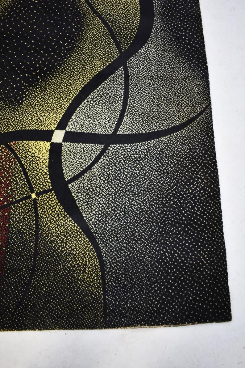 Vintage area rug, mid century, 1960s, abstract psychedelic design, wool rug, low pile rug