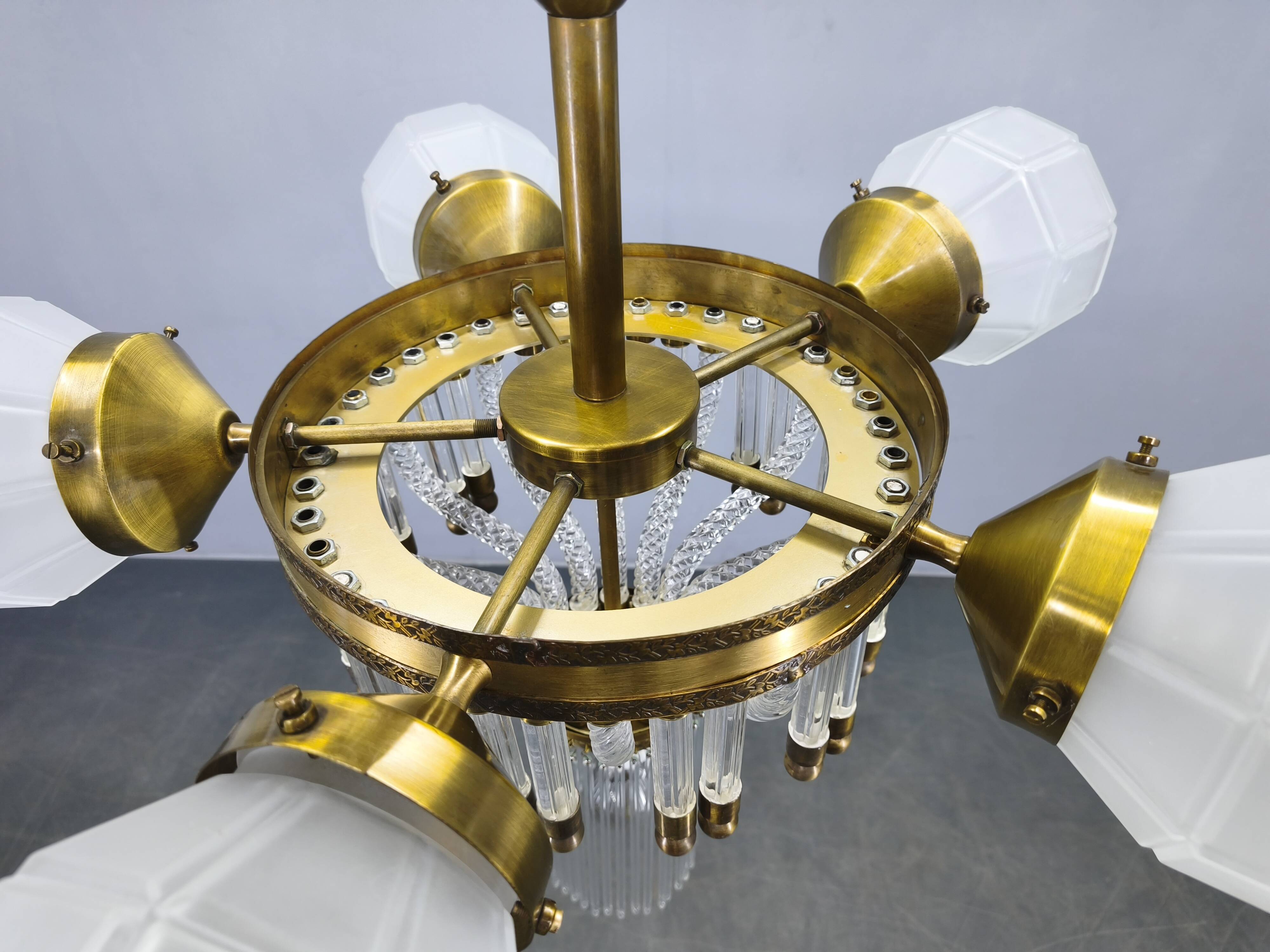 Czech Art Deco Brass and Glass Chandelier, 1950s