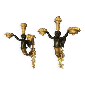 Pair of bronze sconces double patina period Restoration XIXe