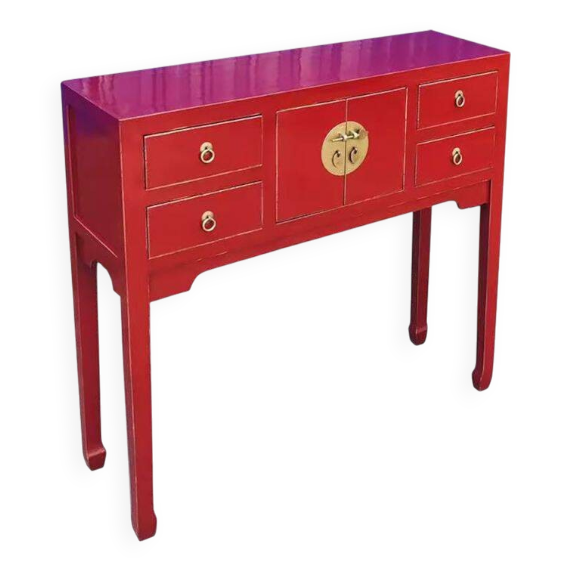 Console de style Ming en laque rouge et laiton doré