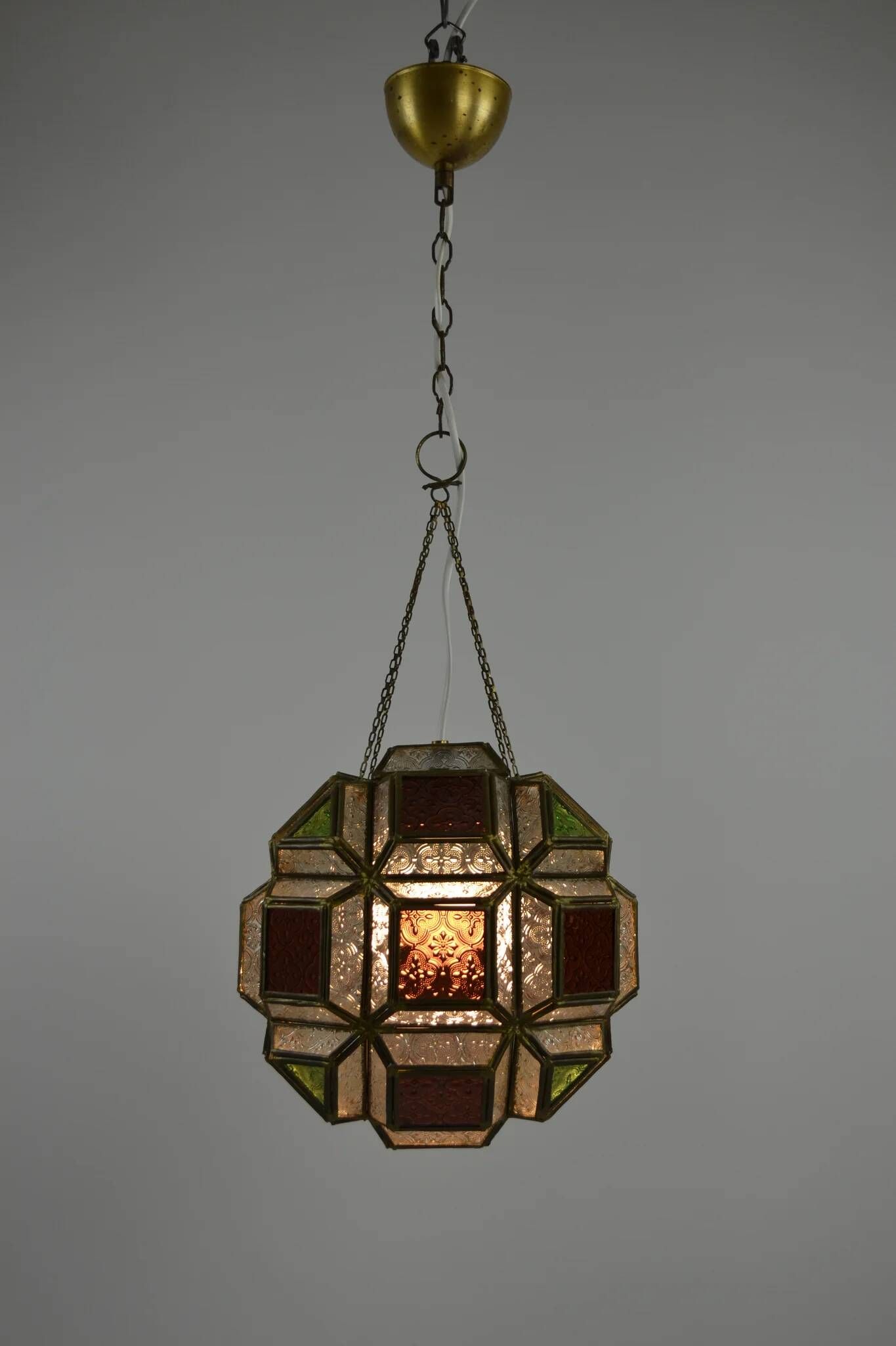 Multicolored Pressed Glass and Brass Pendant Lantern, Scandinavia, circa 1940s–1950s