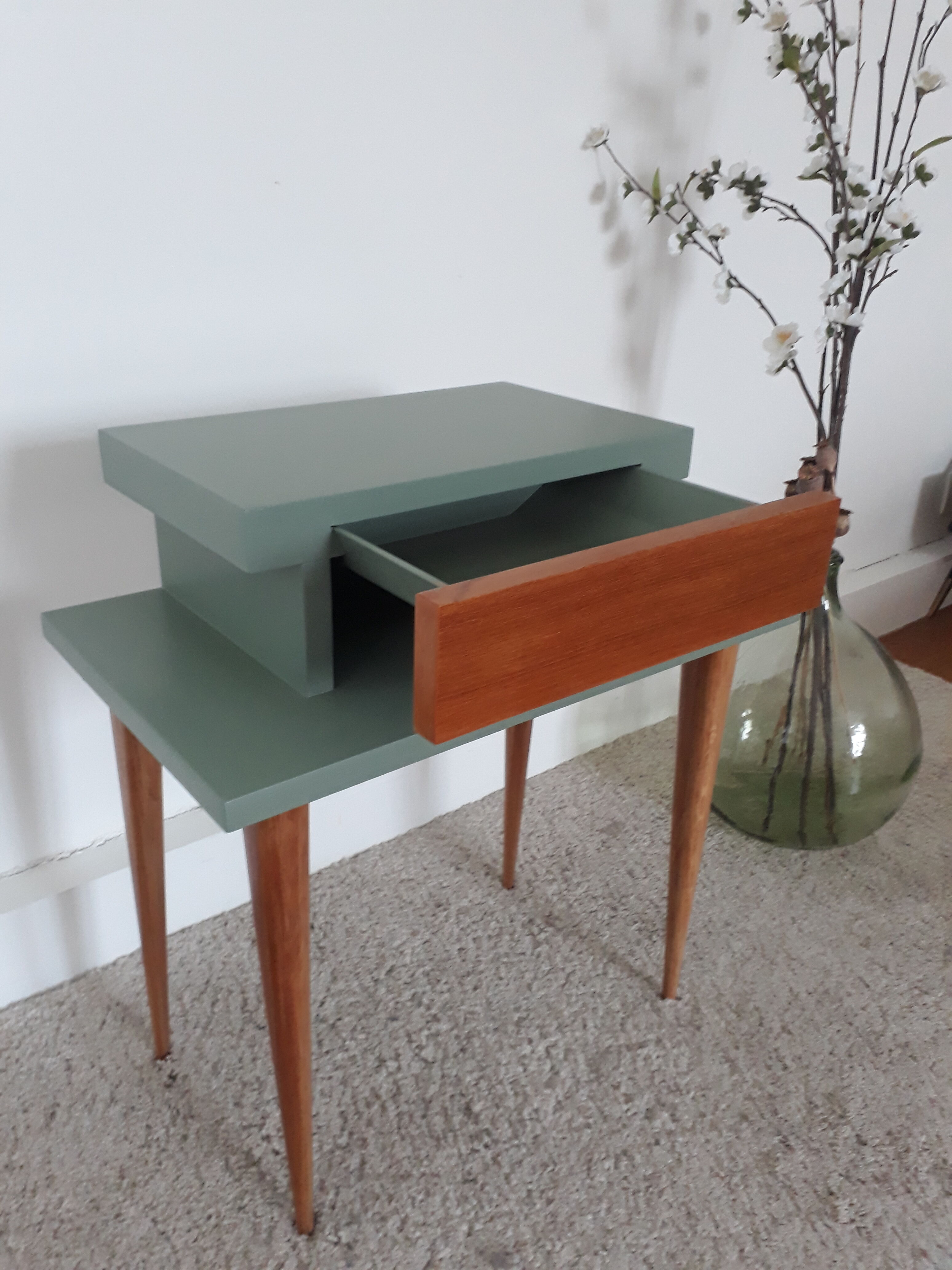 Vintage bedside table from the 1950s in a Scandinavian style revisited in green