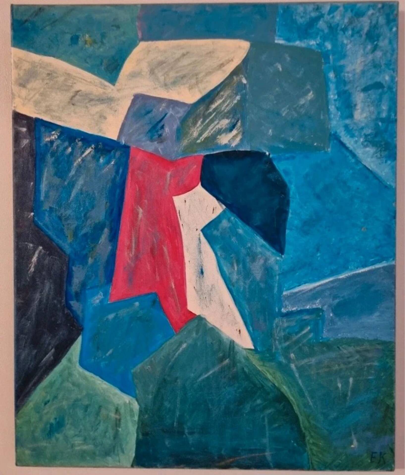 Abstract table blue green red 60x50 cm painting signed