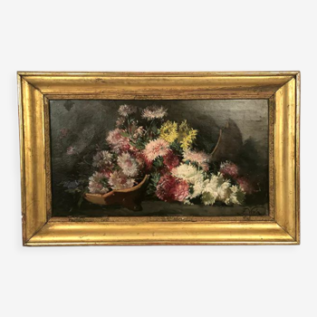 Huile sur toile signée F.Viola, Le vase de fleurs brisé, début XXe