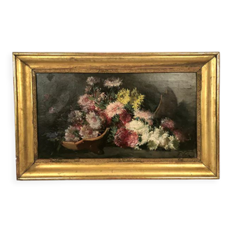 Huile sur toile signée F.Viola, Le vase de fleurs brisé, début XXe