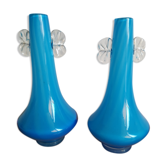 Pair of white twisted blue vases in Murano taste