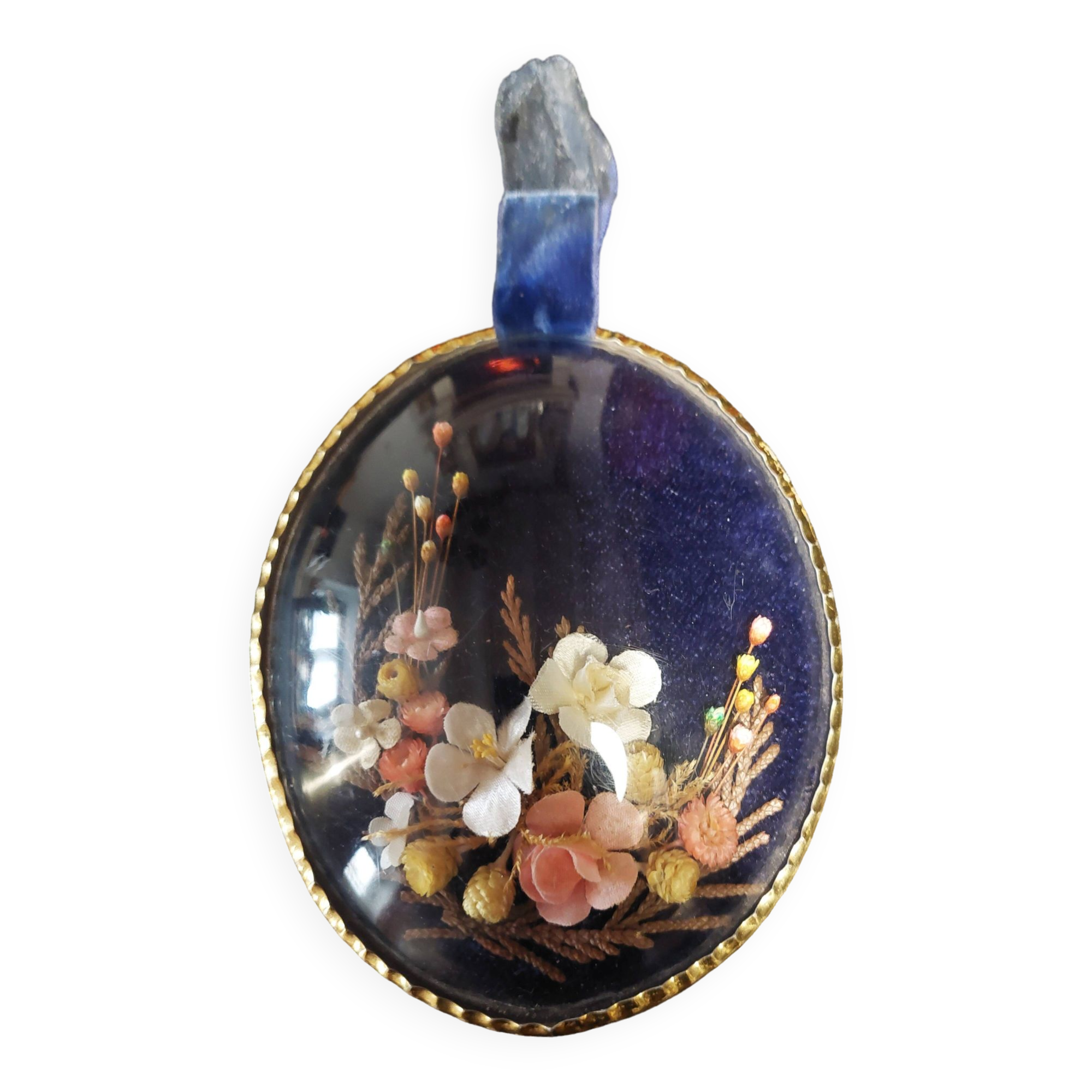 Cadre Photo Ovale Rétro Avec Fleurs Séchées - Verre Et Plastique - Déco Vintage
