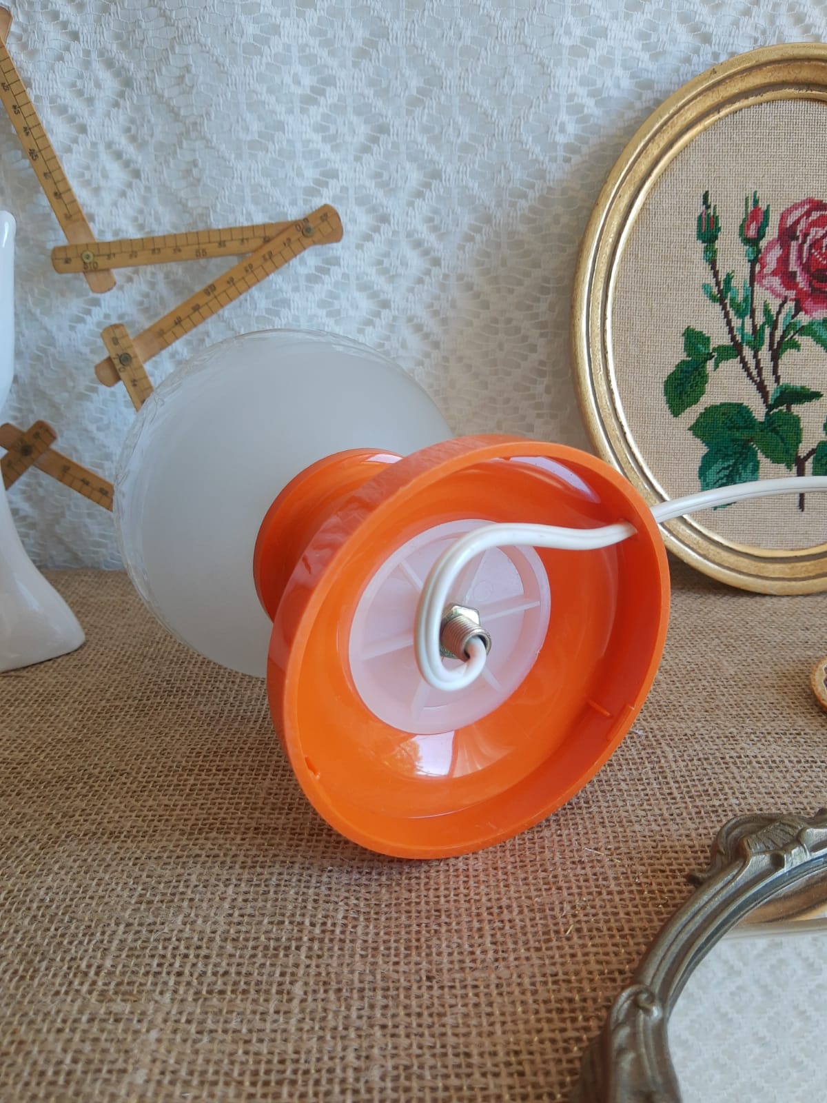 Retro orange table lamp and 70s glass globe