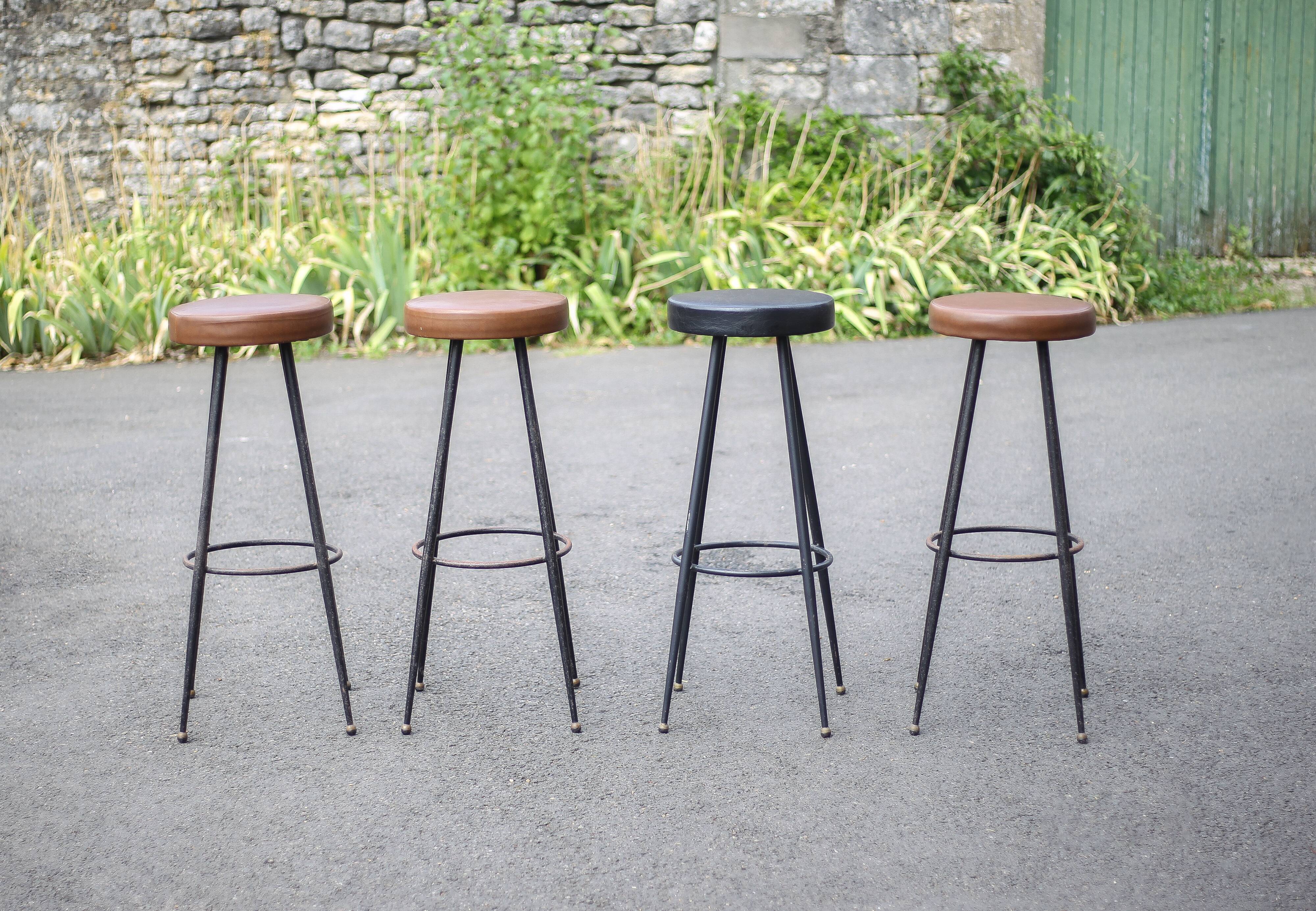 Set of 4 bar stools, metal and imitation leather stool, high stool