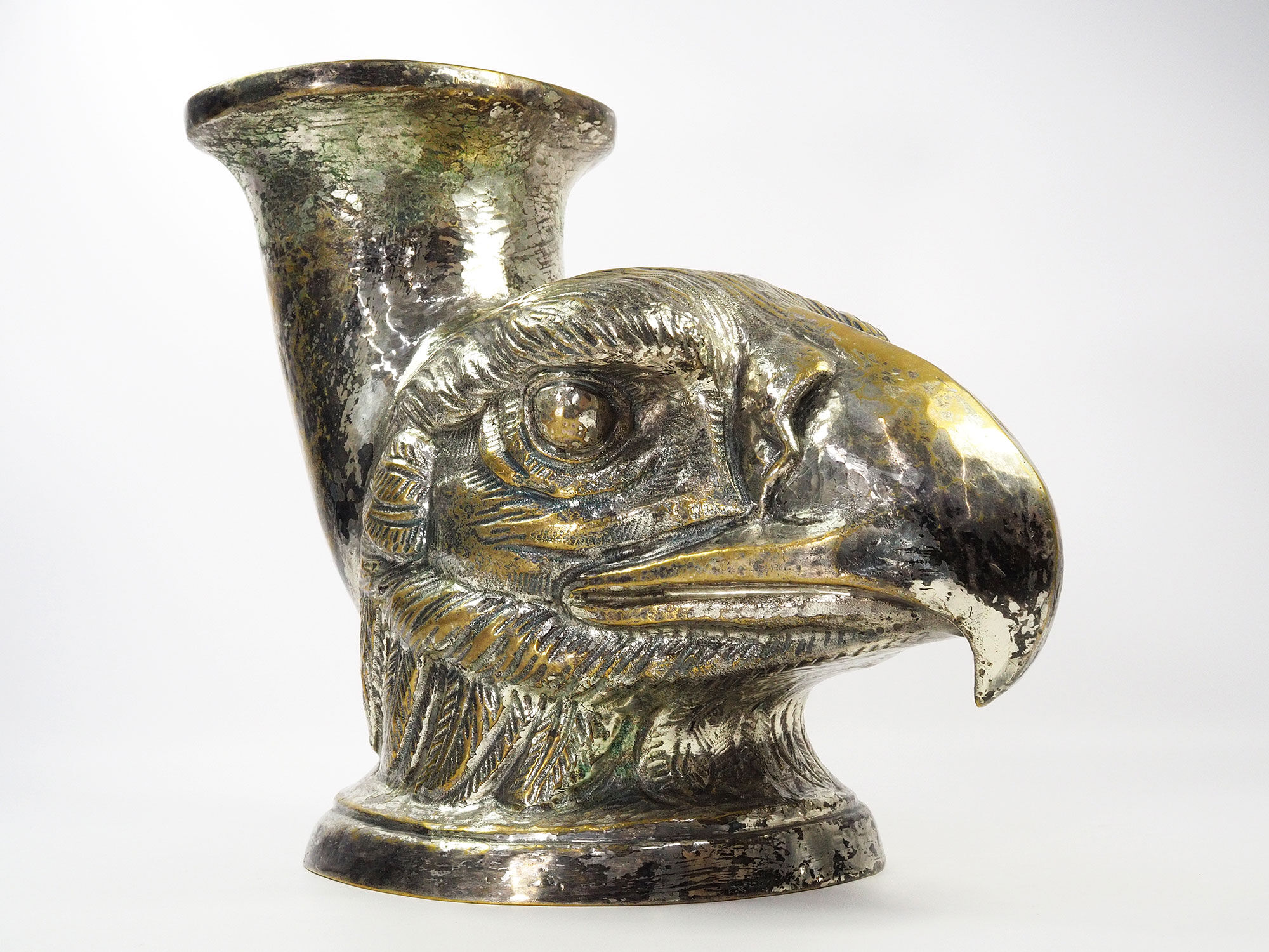 Ancient Vase Rhyton Eagle Head in Silver Brass-1900s