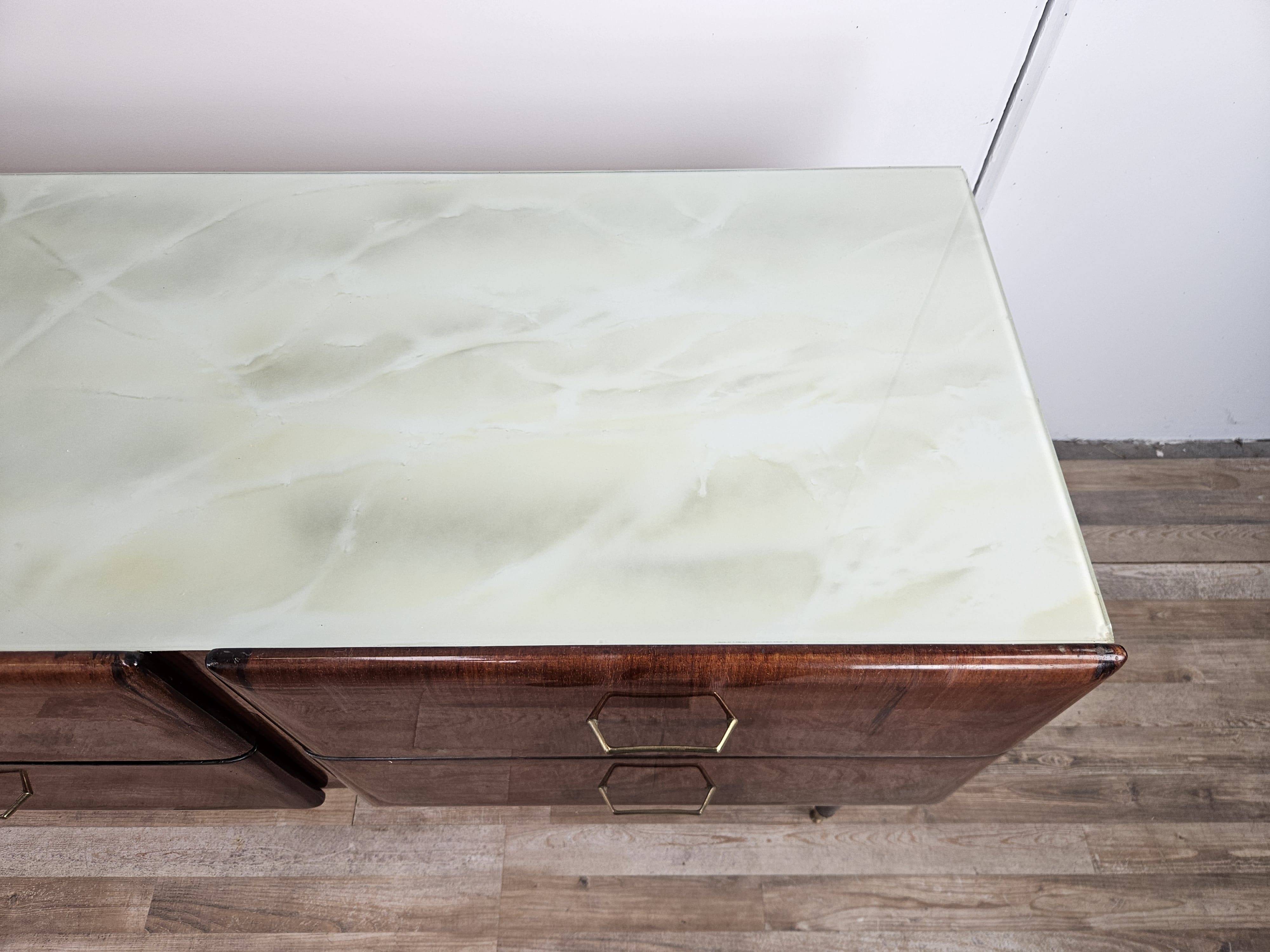 Vintage six-drawer mahogany burl dresser with glass top