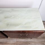 Vintage six-drawer mahogany burl dresser with glass top