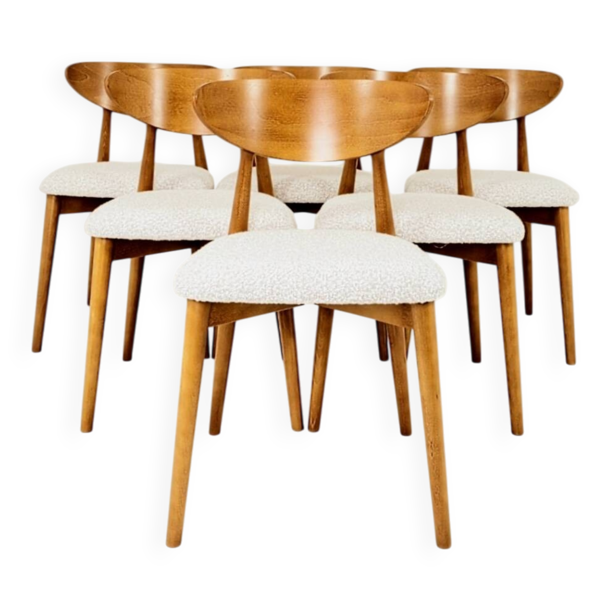 Set of 6 Dining Chairs, Light Beech Wood, White Bouclè Fabric, Modern 