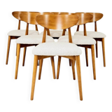 Set of 6 Dining Chairs, Light Beech Wood, White Bouclè Fabric, Modern 