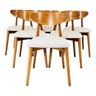 Set of 6 Dining Chairs, Light Beech Wood, White Bouclè Fabric, Modern 