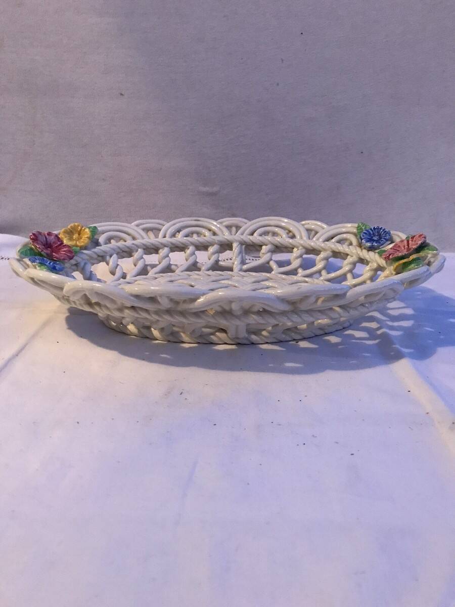 Old Oval Plate Cut-Out Ceramic Flower Relief Decor Italy Wine