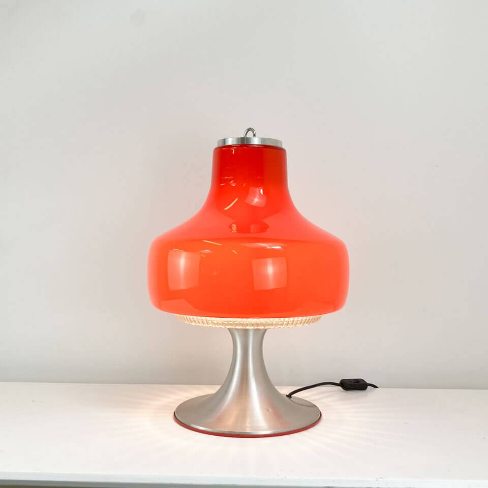 Vintage table lamp, glass shade with aluminium base, 70s