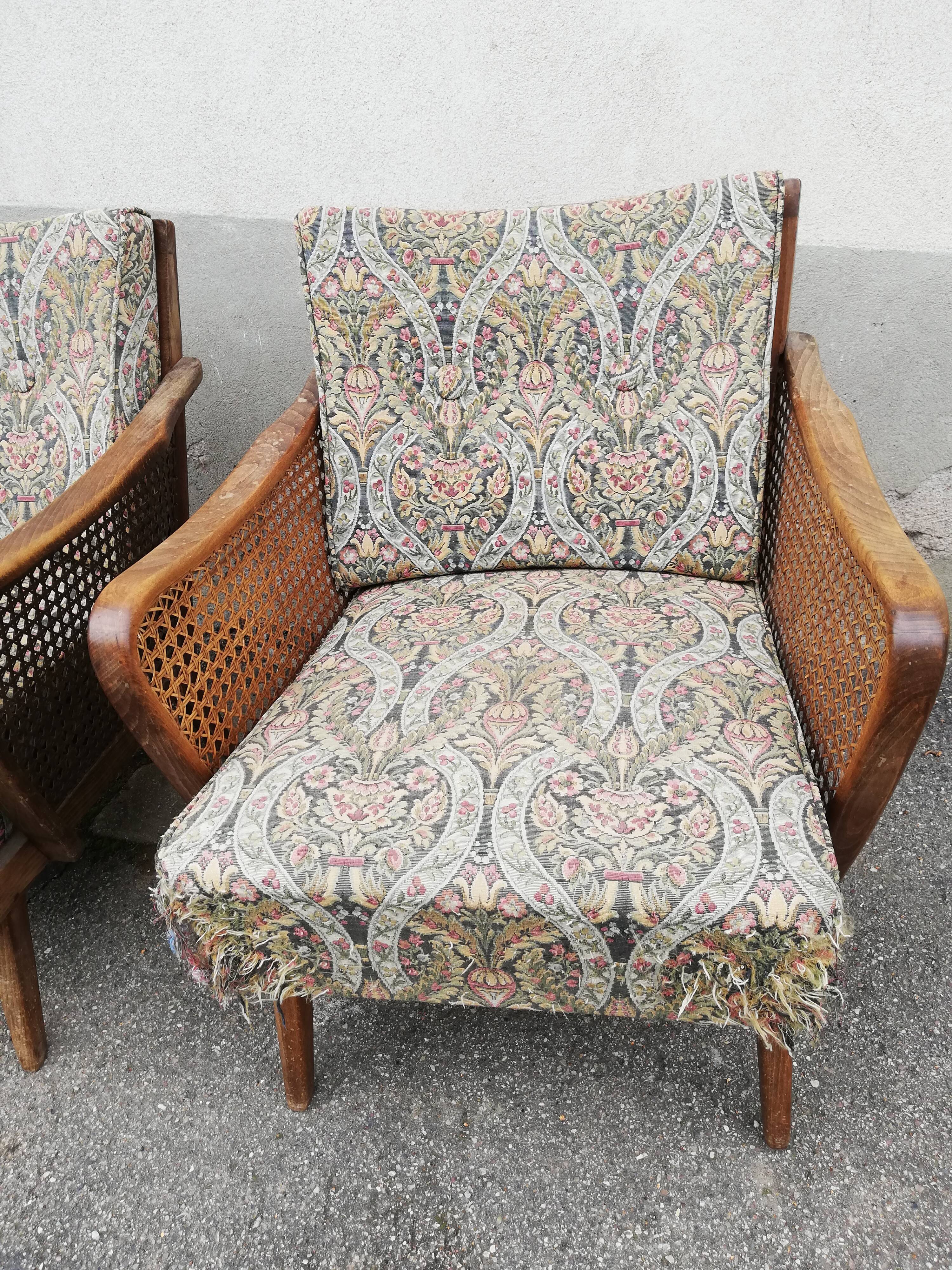 Paire de fauteuils vintage pieds compas et cannage
