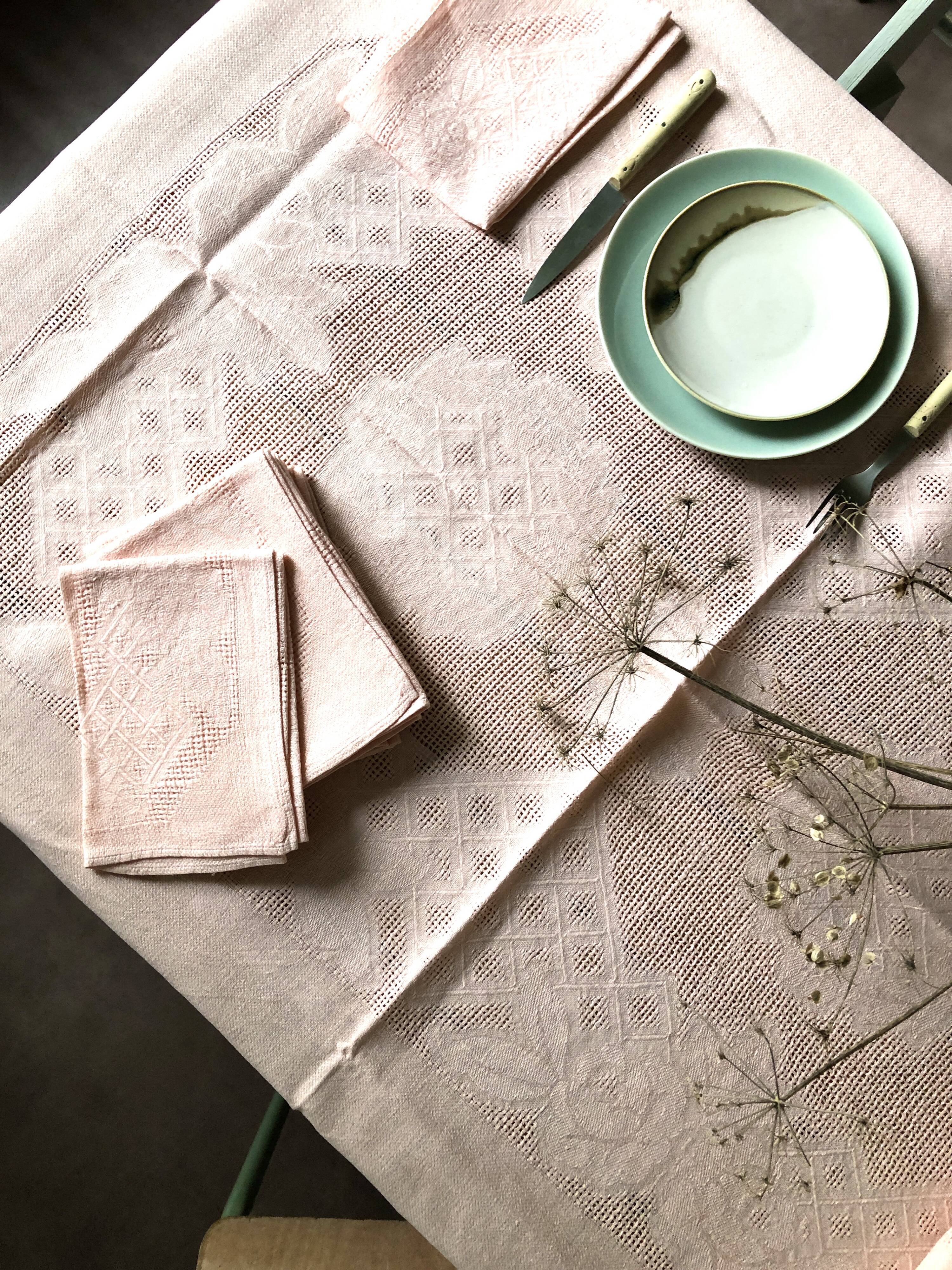 Antique tablecloth in pure linen tinted coral pink