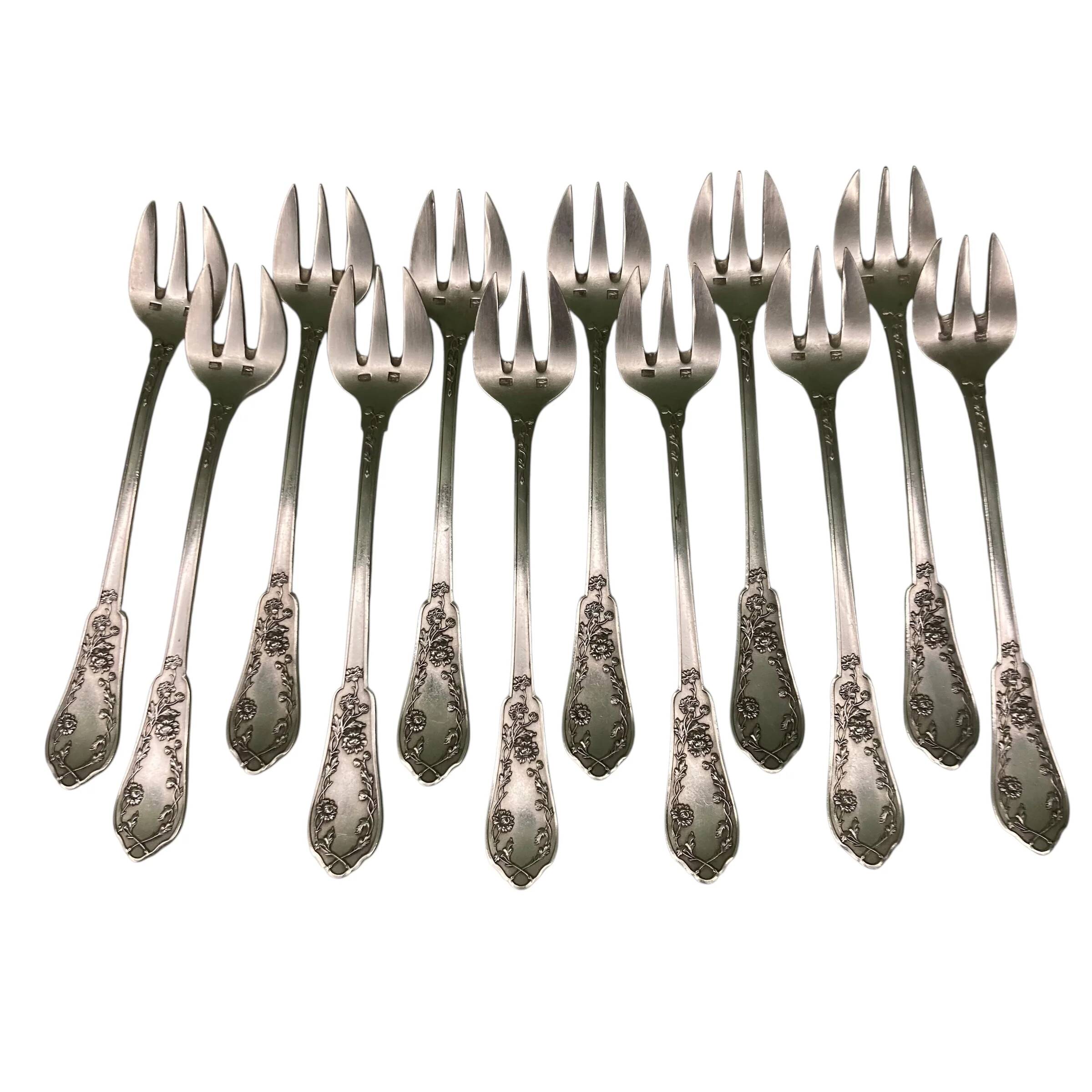 12 silver-plated oyster forks SFAM 1900 flowers