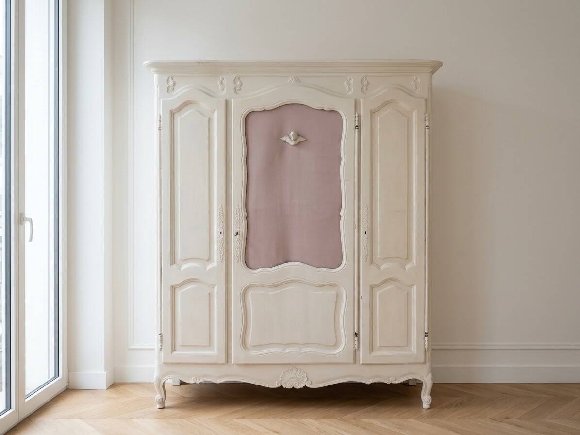 Baroque 3-door wardrobe repainted in white.
