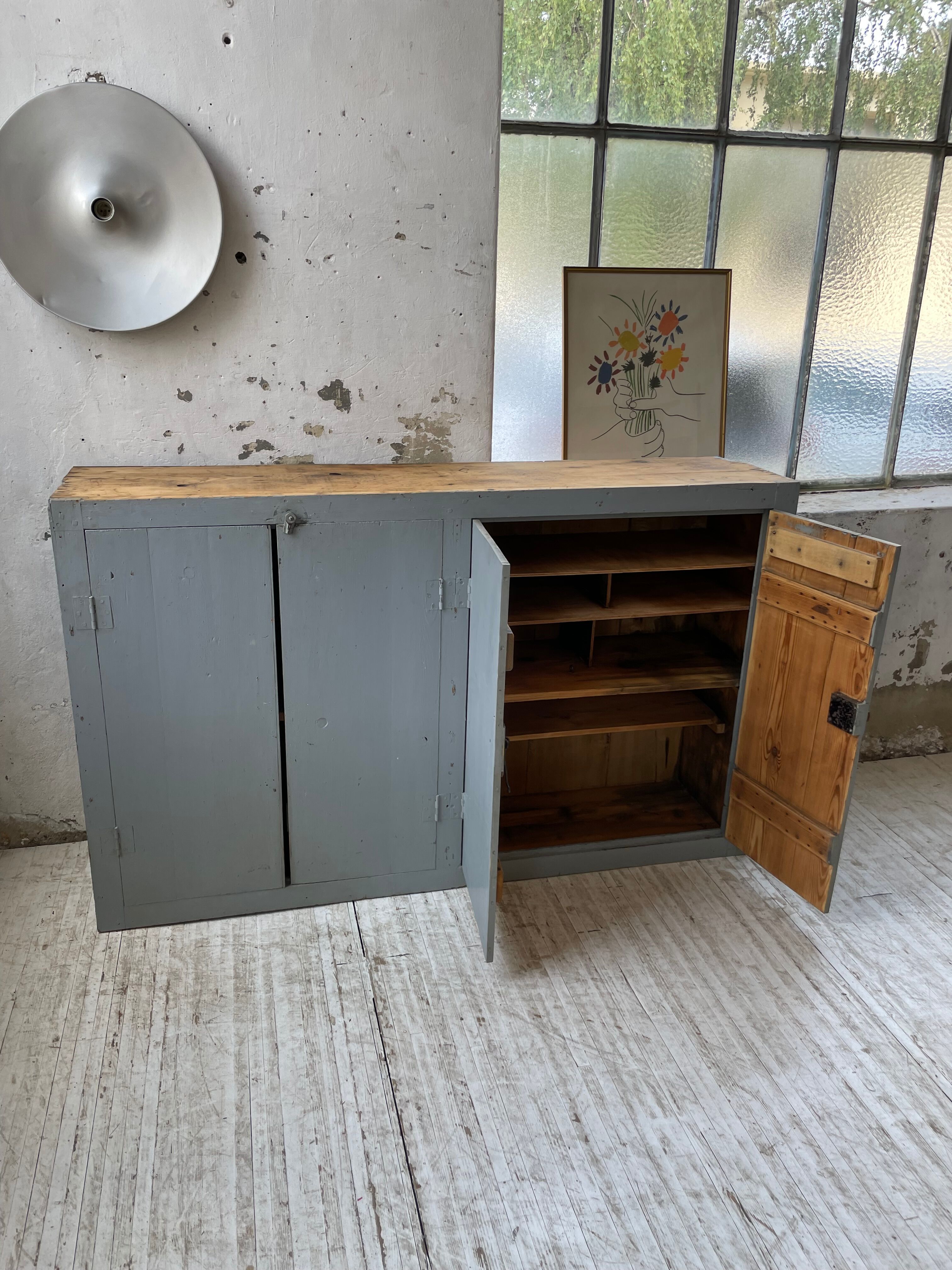 Factory blue patinated workshop furniture