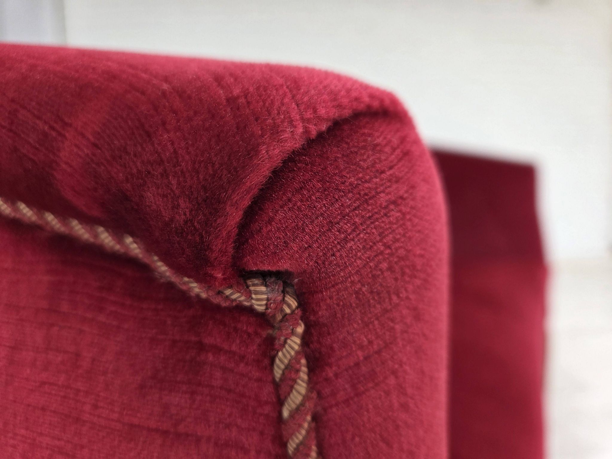 1960s, Danish 2-seater sofa, red furniture velour, ash wood legs.