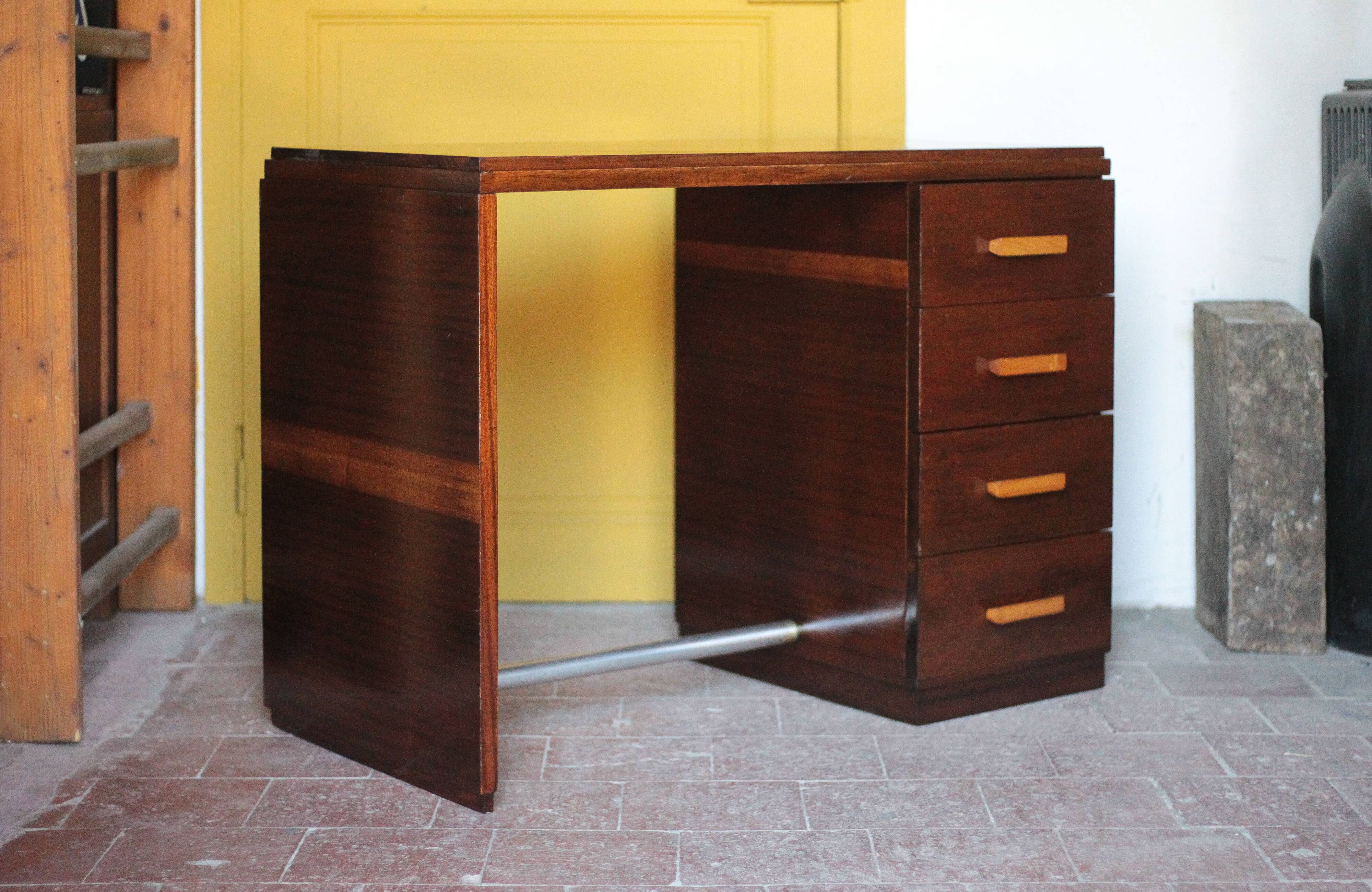 Vintage desk, wooden Art Deco desk from the 1930s, desk with drawers.