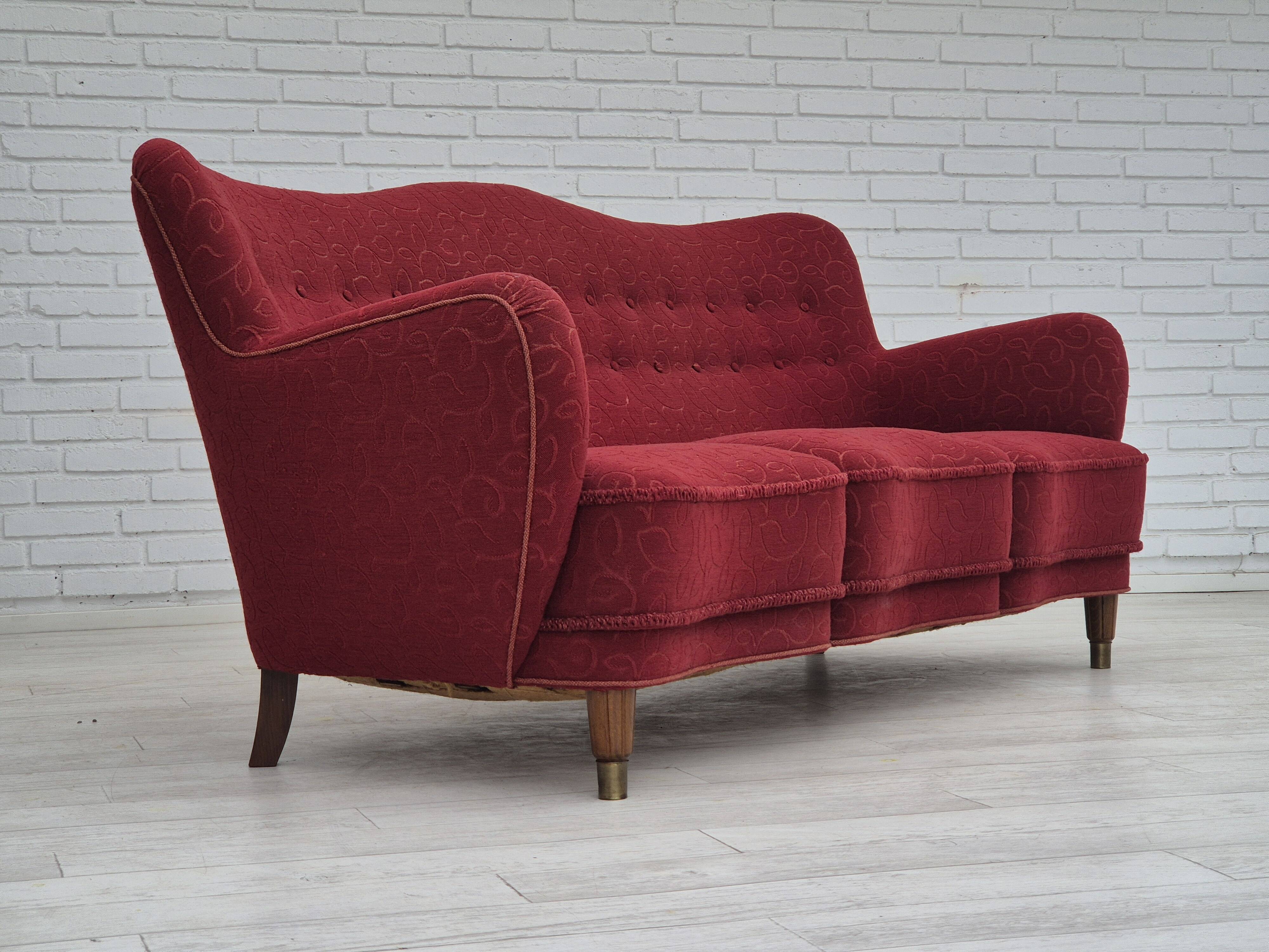 Années 1960, canapé danois 3 places, état d'origine, tissu coton-laine.