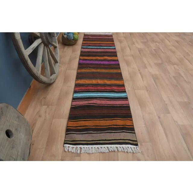 1970s Vintage Turkish Handmade Wool & Cotton Orange Runner Rug 70x311