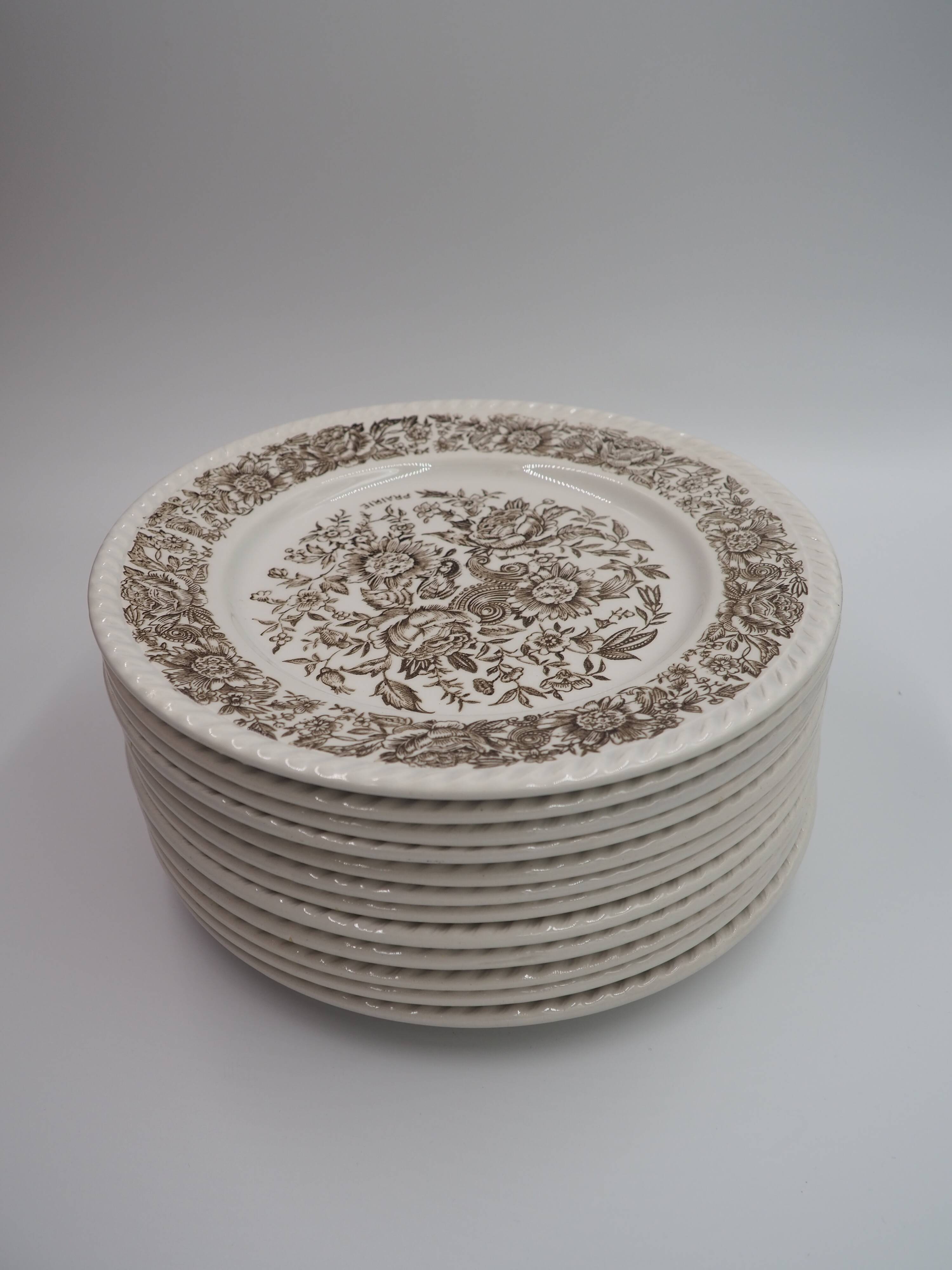 Set of 12 white plates - Brown floral patterns, vintage prairie charm
