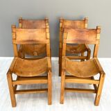 4 chairs in solid elm and leather, Maison Regain 70s