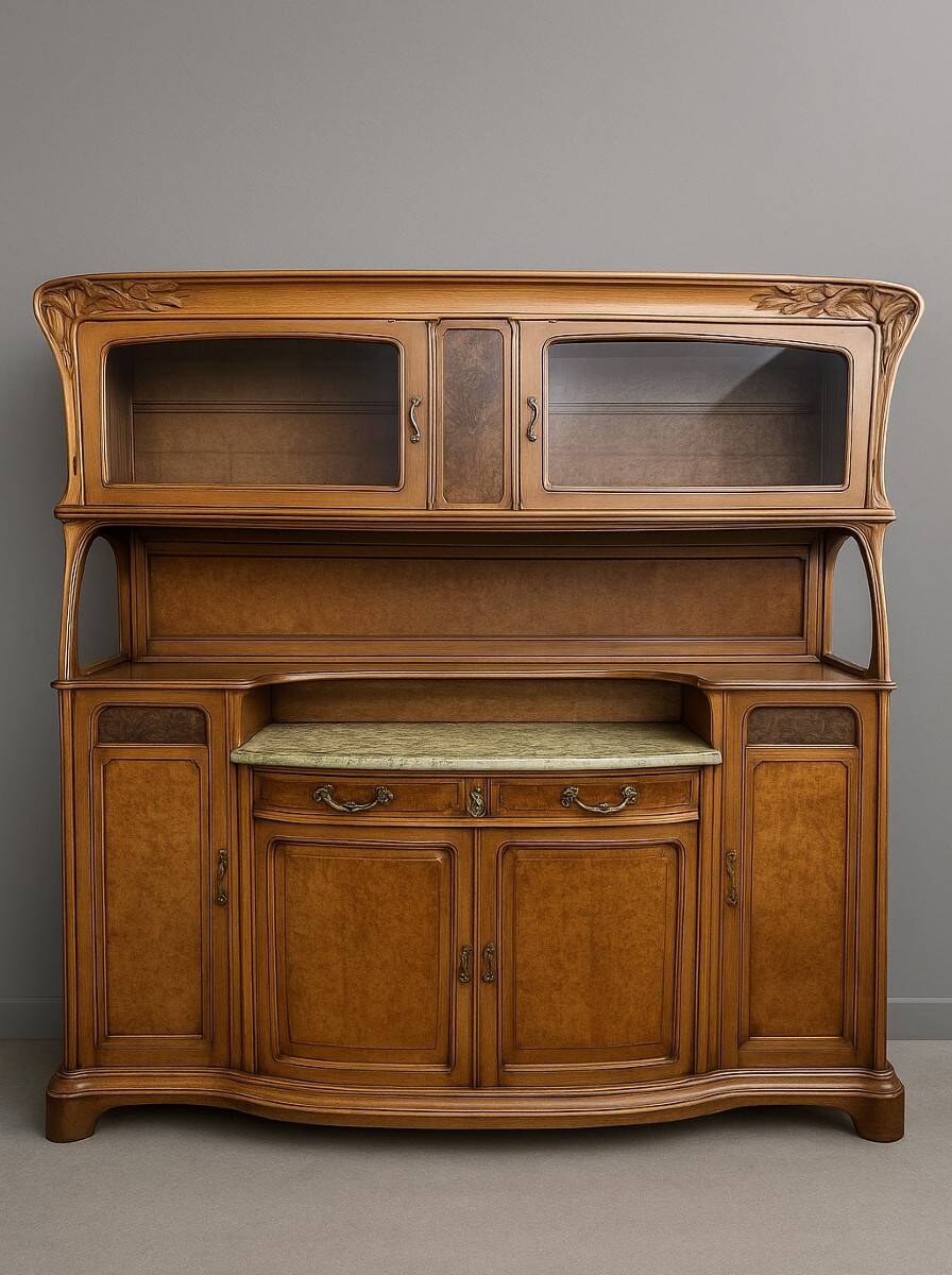 According to Gauthier-Poinsignon: large two-body buffet from the Art Nouveau period in walnut and burl.