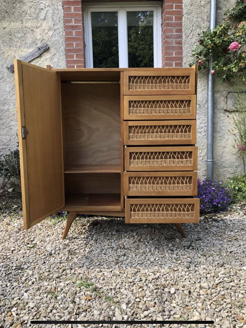 Commode bois et rotin 1/2 armoire