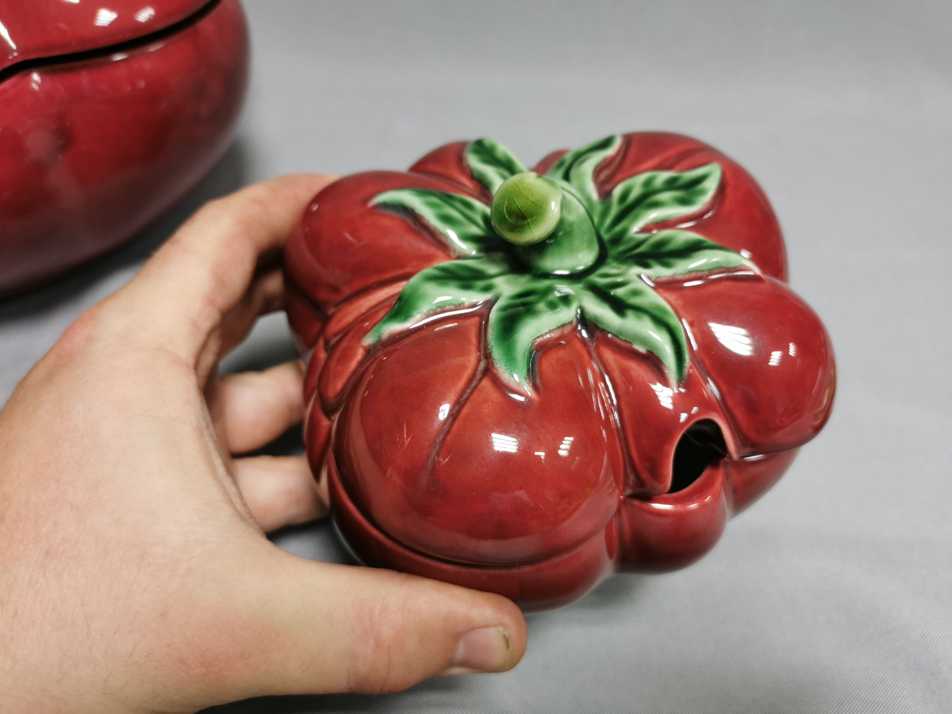 Vintage soup tureen + Trompe l'oeil sauce boat, majolica tomato shape