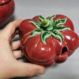 Vintage soup tureen + Trompe l'oeil sauce boat, majolica tomato shape