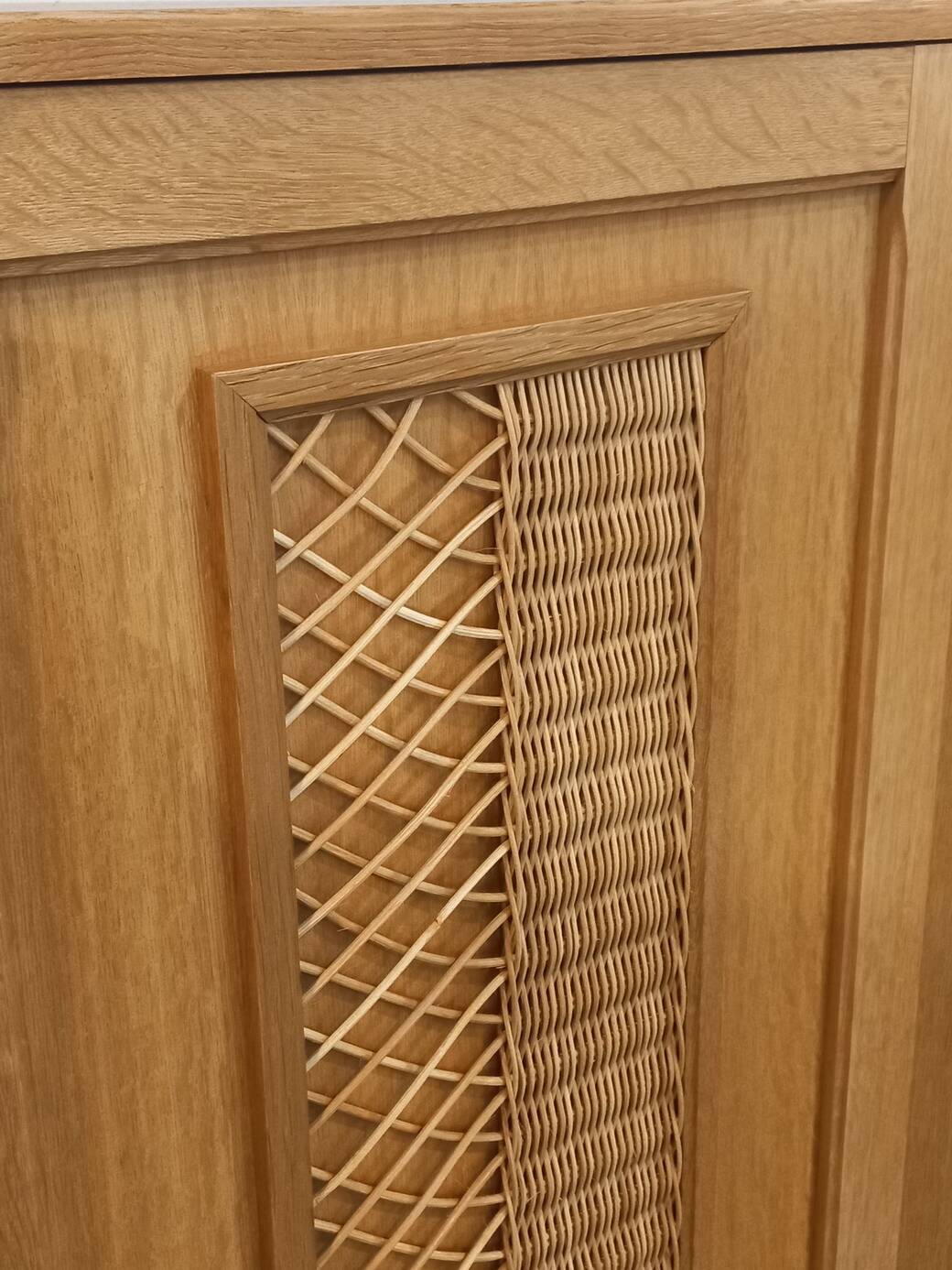Vintage 70s rattan, wicker, and oak wardrobe